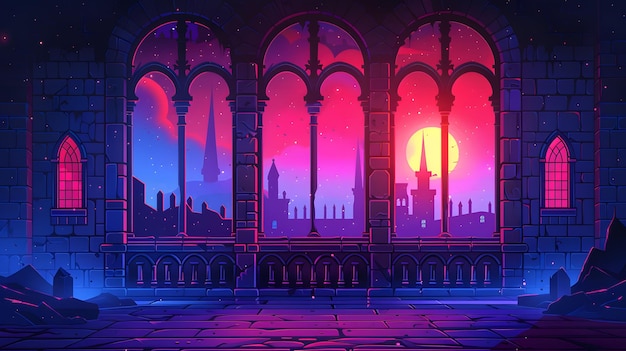 Photo artistic castle with arched windows lit by magenta sunset