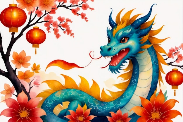 Artistic Chinese New Year postcard featuring a traditional dragon AI Generated