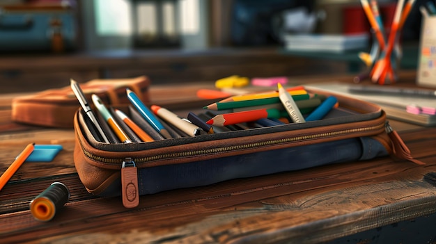 Artistic close up of an organized pencil case with vibrant colored pencils and pens on a desk