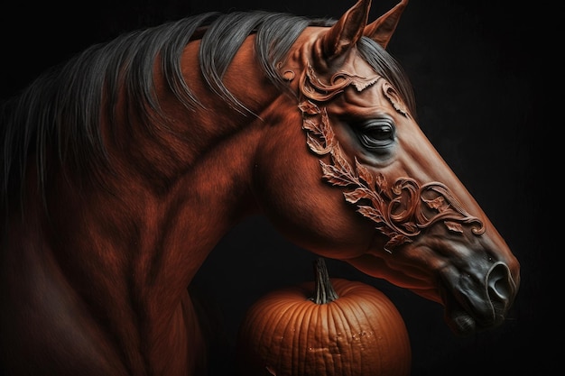 Artistic close up of a red horse with a pumpkin for Halloween