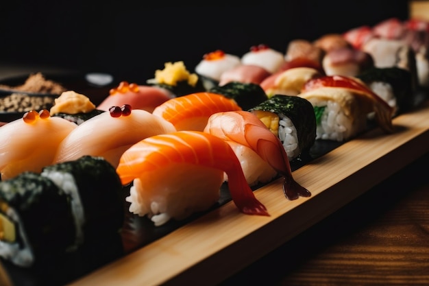 Artistic closeup of colorful sushi rolls with perfectly cooked rice and fresh seafood toppings