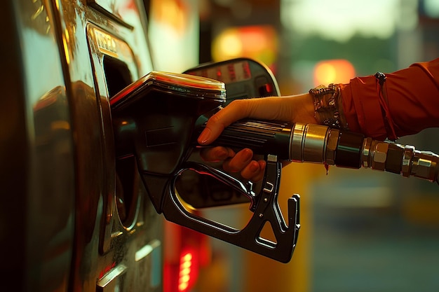 An artistic closeup of a hand holding a pump nozzle highlighting Ai photo