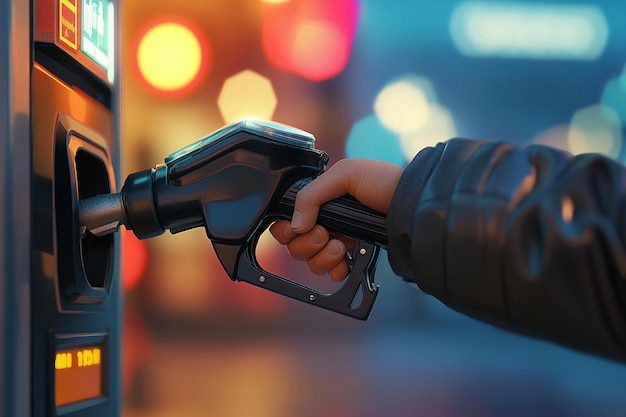 An artistic closeup of a hand holding a pump nozzle highlighting Ai photo