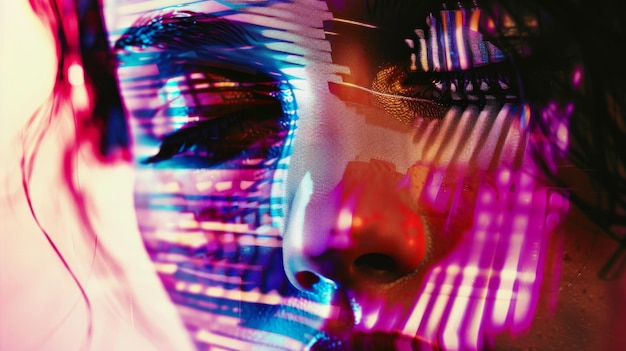 Photo an artistic closeup portrait of a face with vibrant light patterns and reflections creating a dynamic colorful composition