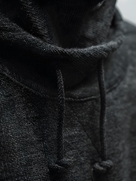 Photo artistic closeup shot of a black hoodie focusing on textured drawstring and fabric details with soft lighting