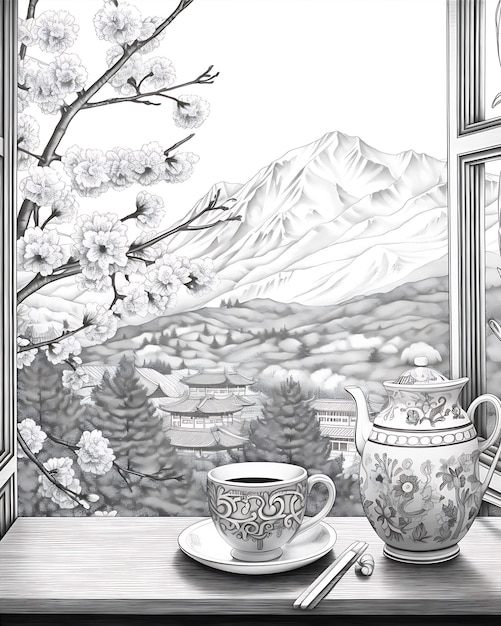 Artistic Coffee Cup and Trees Window Scene