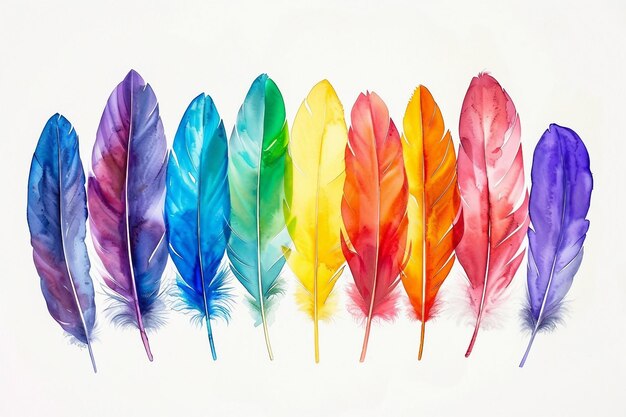 Photo artistic collection of vibrantly colored feathers painted in watercolor technique generative ai