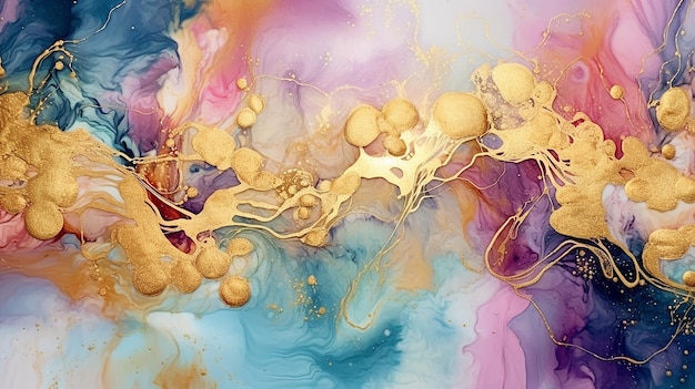 Artistic and colorful alcoholic ink with gold flick illustration Generative AI