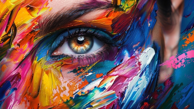 Artistic Colorful Makeup Vibrant Strokes Across Face for Modern Art Posters Creative Design Prints and Abstract Art Cards