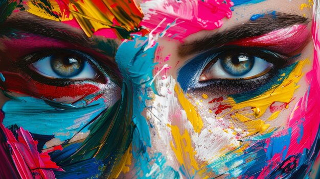 Artistic Colorful Makeup Vibrant Strokes Across Face for Modern Art Posters Creative Design Prints and Abstract Art Cards