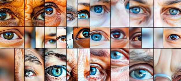 Photo artistic compilation of diverse human eye close ups for impactful visual representation in a collage