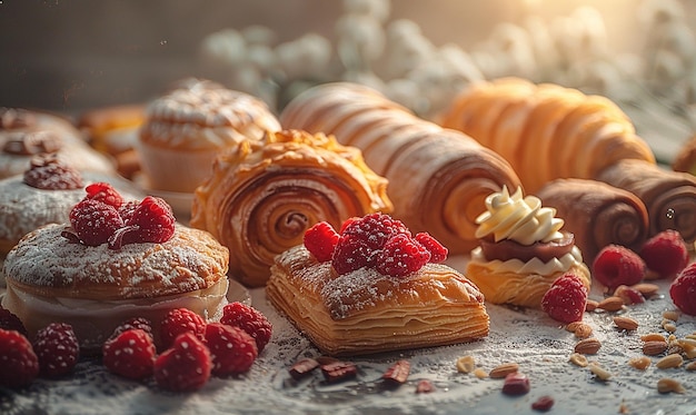 Photo artistic composition of pastry assortment with different varieties