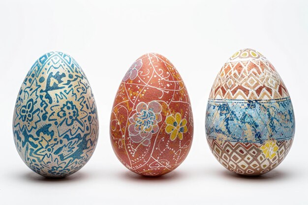 Artistic composition of three unique Easter eggs on white background