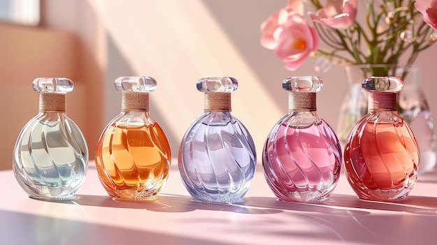 Artistic Composition of Transparent MultiColor Glass Floral Perfume Bottles on a Simple Background