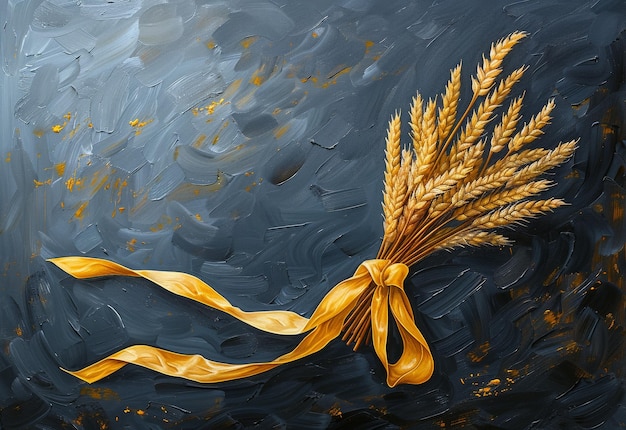 Artistic Composition of Wheat and Yellow Ribbon on Painted Canvas