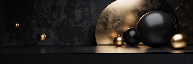 Artistic composition with spheres and textures Creative image showcasing black and gold spheres against a textured backdrop with dramatic lighting