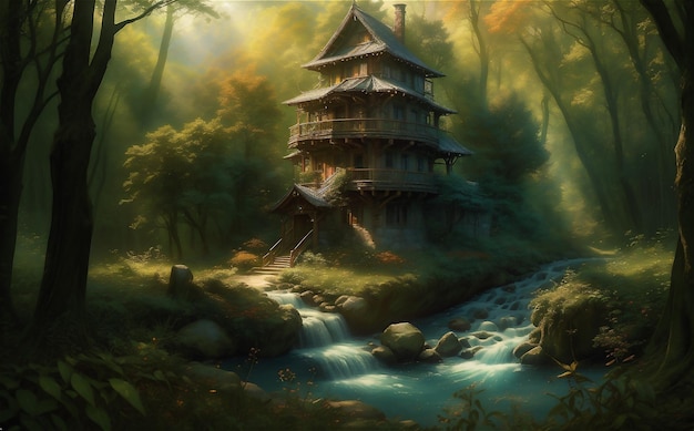 Artistic concept painting of a beautiful tree house background illustration Mysterious house in th