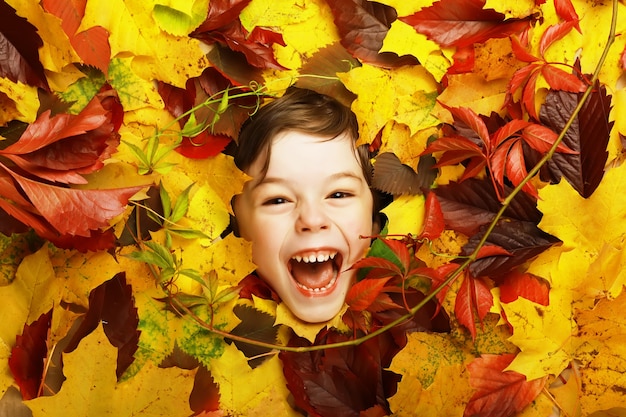 Artistic conceptual autumn boy portrait. Colorful leaves. Leaves of trees around an emotional face. Autumn is coming.