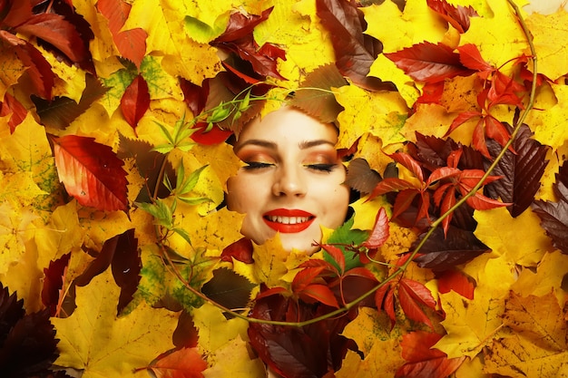 Artistic conceptual autumn girl portrait. Colorful leaves. Leaves of trees around an emotional face. Autumn is coming.