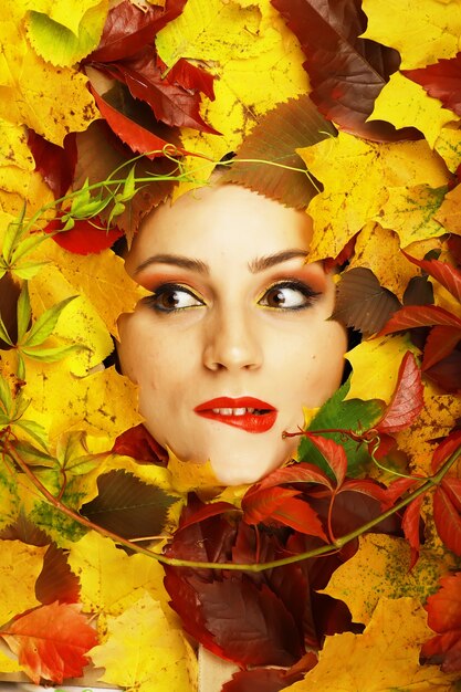 Artistic conceptual autumn girl portrait. Colorful leaves. Leaves of trees around an emotional face. Autumn is coming.