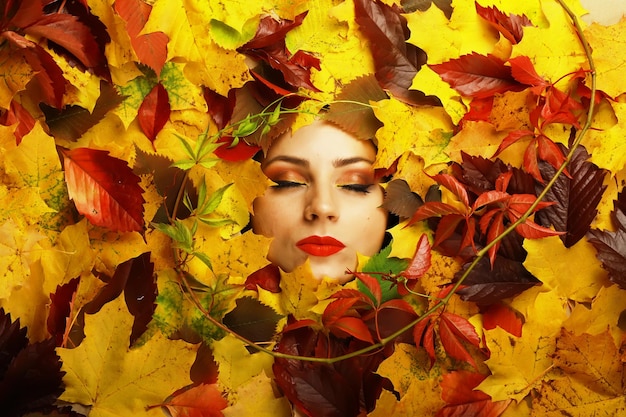 Artistic conceptual autumn girl portrait. Colorful leaves. Leaves of trees around an emotional face. Autumn is coming.