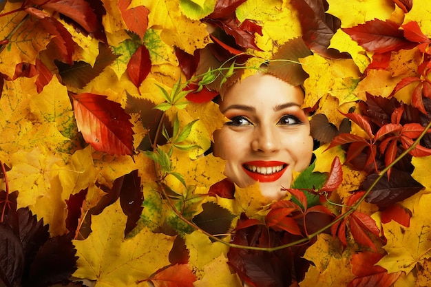 Artistic conceptual autumn girl portrait. Colorful leaves. Leaves of trees around an emotional face. Autumn is coming.