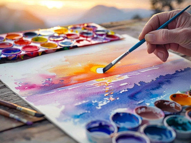 Artistic Creation of a Watercolor Sunset Painting with Vibrant Colors on a Wooden Table