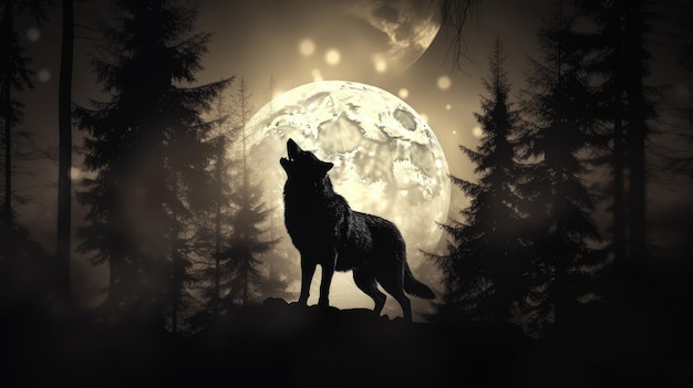 Artistic decoration featuring selective focus on a silhouette of a wolf howling against a moonlit sky and barren forest