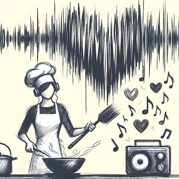 Photo artistic depiction of a chef cooking while enjoying music through headphones