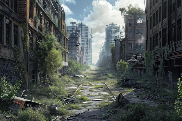 Artistic depiction of a deserted city street overgrown with vegetation and in ruins