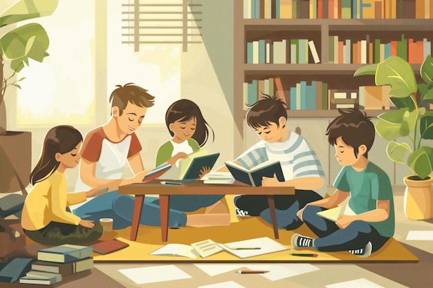 Artistic depiction of a family enjoying a morning study session together in a warm bookfilled home