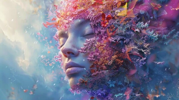 Artistic depiction of a human face blending with vibrant flowers symbolizing unity with nature