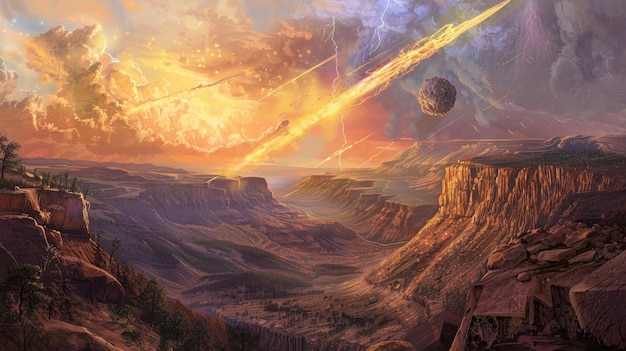 Artistic depiction of a meteor impacting during different historical eras educational and dramatic