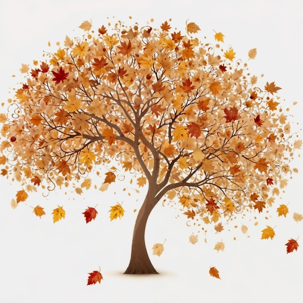 Photo artistic depiction of a tree with swirling branches and falling leaves