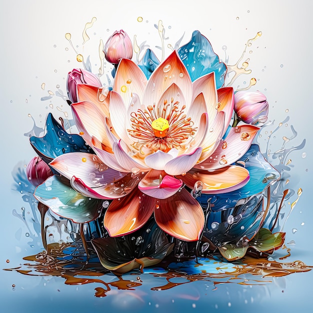 Artistic depiction watercolor lotus bloom with paint splatters