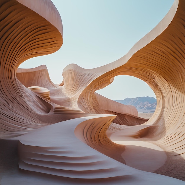 Artistic desert structure with wavelike patterns fluid serene expansive detailed