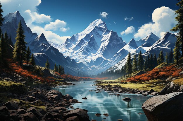 Artistic Digital Depiction of a Snowy Mountainous Terrain