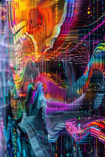 Photo artistic digital signal processing algorithm with vibrant colors and intricate data flow patterns