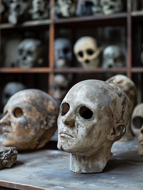 Photo artistic display of antique skulls in a museum setting