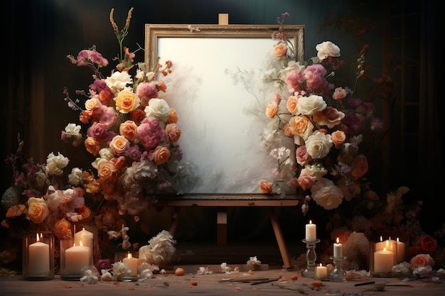 Artistic Display of a Blank Canvas with Flowers and Candles Ai Generative