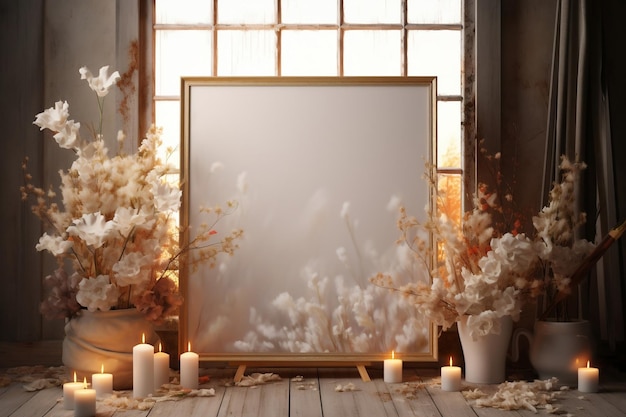 Artistic Display of a Blank Canvas with Flowers and Candles Ai Generative