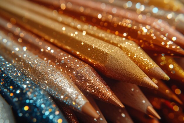 Photo an artistic display of metallic pencils in shades of bronze copper and gold creating a rich opulent look