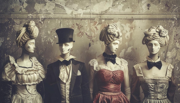 Photo artistic display of vintage mannequins dressed in elaborate costumes in a dilapidated room