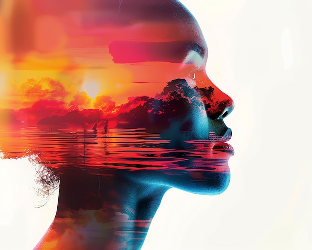 Artistic double exposure of a womans profile with a serene sunset landscape