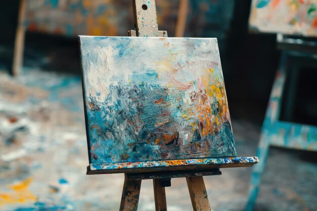 Photo artistic easel displaying a colorful abstract painting in a vibrant studio