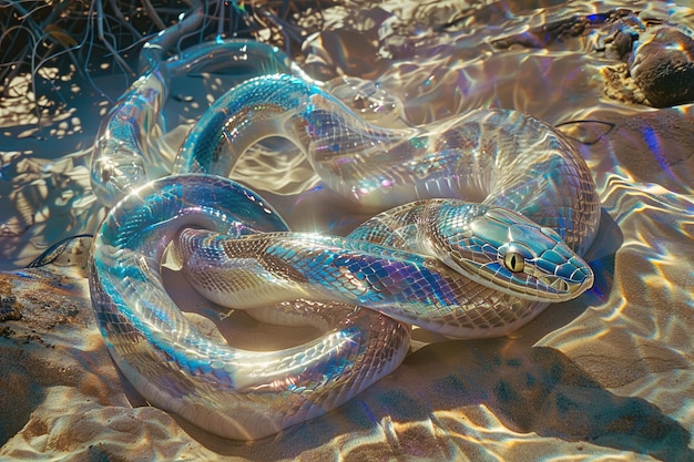 Artistic electric blue snake swimming in water a visual arts event