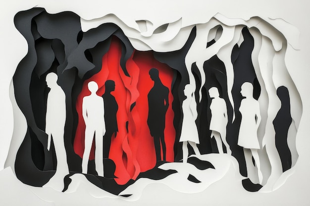 Artistic expression of the abortion debate featuring paper cutout figures in contrasting colors