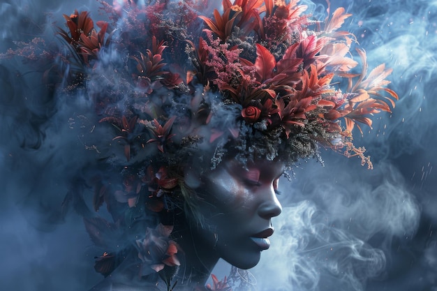 Artistic fusion of floral and human elements creating a surreal portrait showcasing creativity and