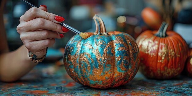 Photo artistic halloween pumpkin painting by female hands