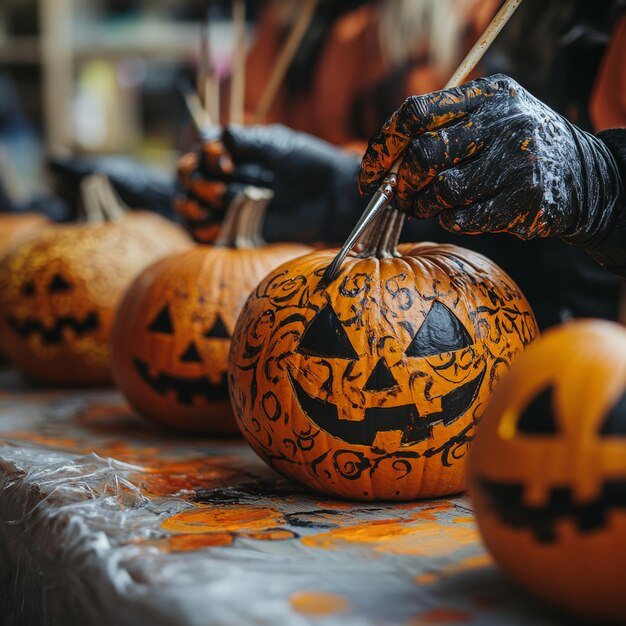 Photo artistic halloween pumpkin painting by female hands